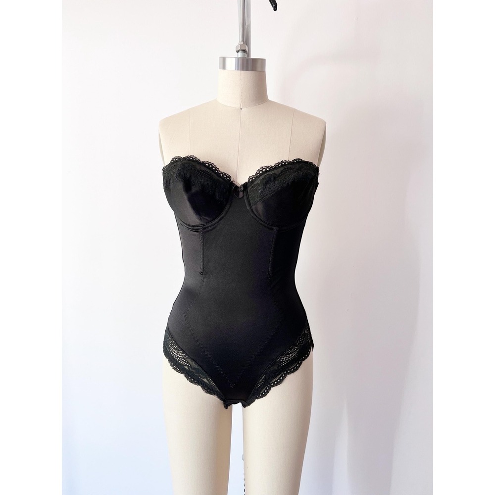 36B Flexees Bodysuit Black Strapless Lace Trim Underwire‎ Shapewear Vintage 90s